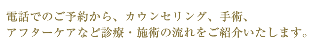 電話でのご予約から、カウンセリング、手術、アフターケアなど診療・施術の流れをご紹介いたします。